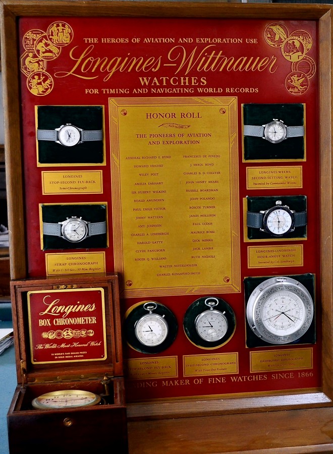The Honor Roll - 1930's display board Longines Weems, Lindbergh, Pilot watch 