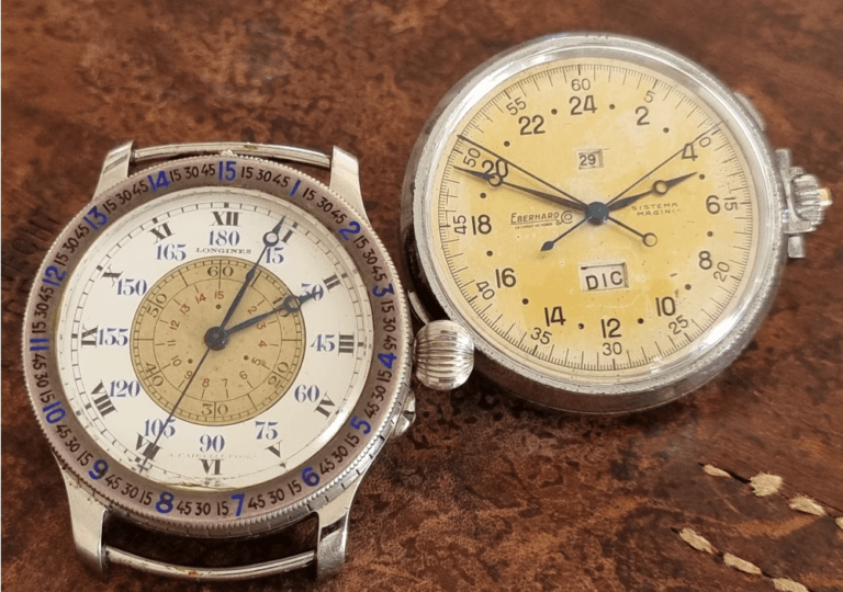 The Sistema Magini pair consisted of an Eberhard split second pocket watch and Longines Hour angle.