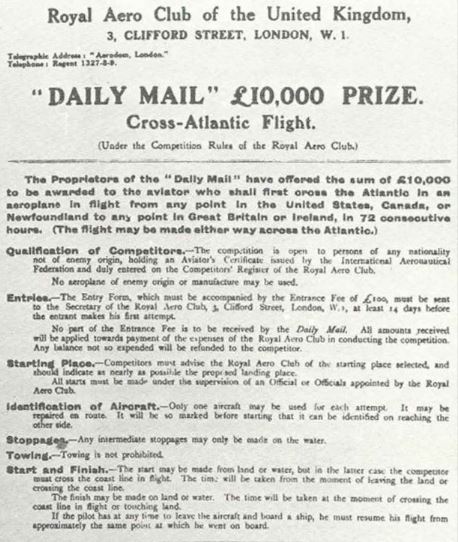 Daily mail pre Orteig prize cross Atlantic 1913, 1919 Lord Northcliffe