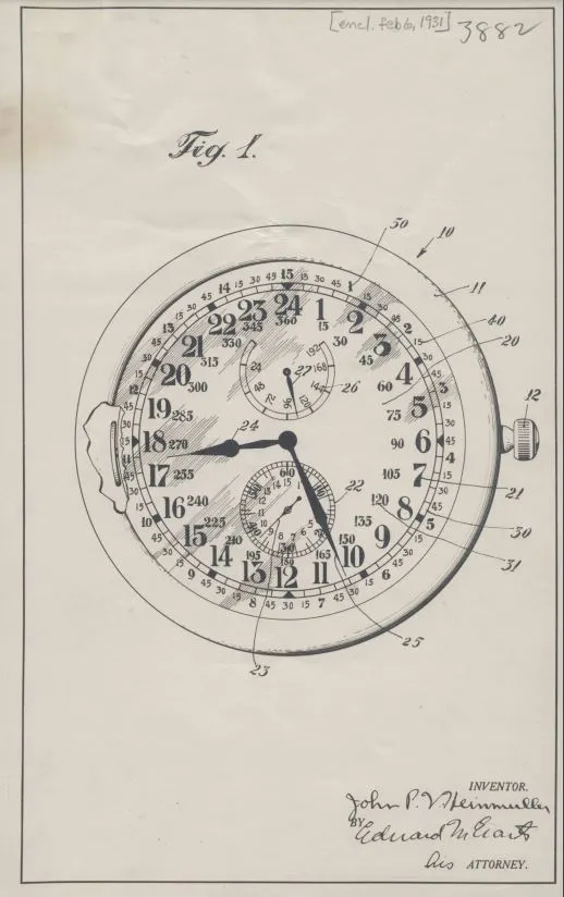 Longines calotte hour angle prototype John Heinmuller, calibre 24.41 January 25,1929